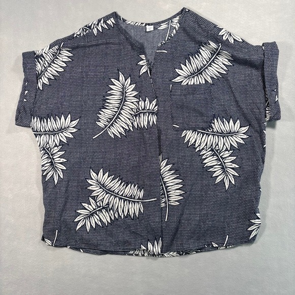 Old Navy Tops - Old Navy Womens XL Navy Blue White Tropical Leaf Print‎ Cotton Rayon Blouse Top